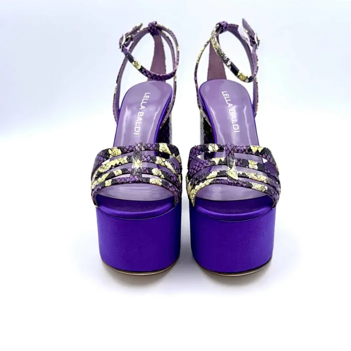 Sandali con Plateau Lella Baldi in nappa effetto pitone viola e raso viola, Tacco 14 cm e plateau  6 cm art. LT544, foto 6 di 6