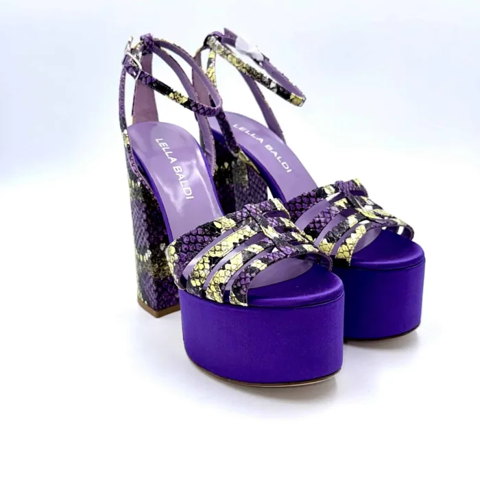 Sandali con Plateau Lella Baldi in nappa effetto pitone viola e raso viola, Tacco 14 cm e plateau  6 cm art. LT544, foto 5 di 6