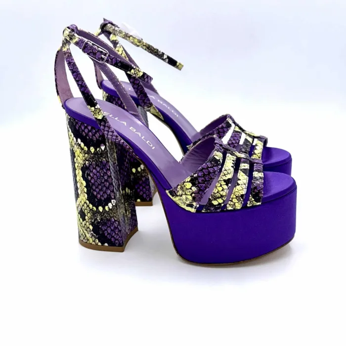 Sandali con Plateau Lella Baldi in nappa effetto pitone viola e raso viola, Tacco 14 cm e plateau  6 cm art. LT544, foto 1 di 6