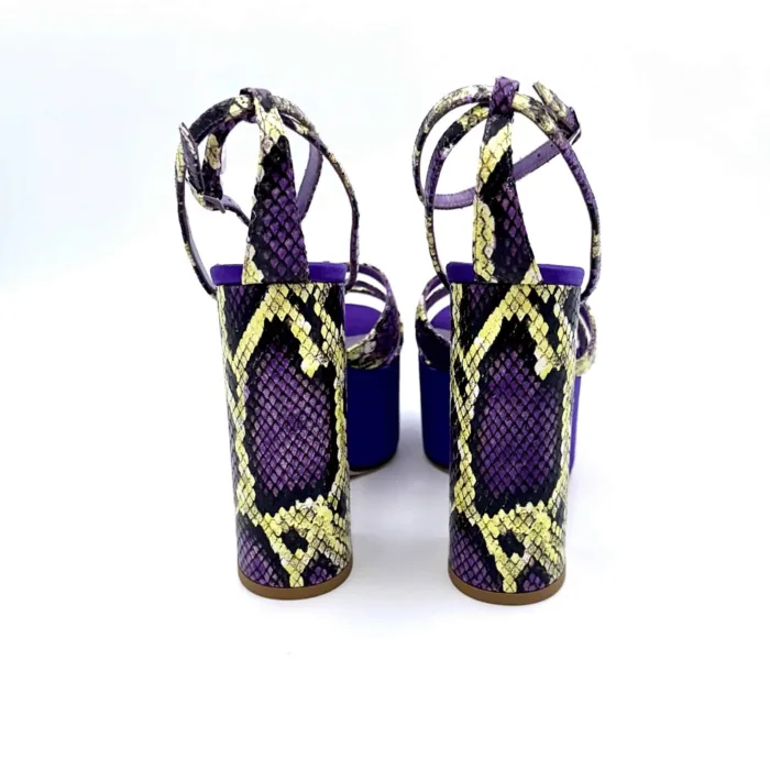 Sandali con Plateau Lella Baldi in nappa effetto pitone viola e raso viola, Tacco 14 cm e plateau  6 cm art. LT544, foto 4 di 6