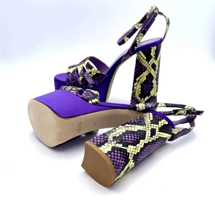 Sandali con Plateau Lella Baldi in nappa effetto pitone viola e raso viola, Tacco 14 cm e plateau  6 cm art. LT544, foto 3 di 6