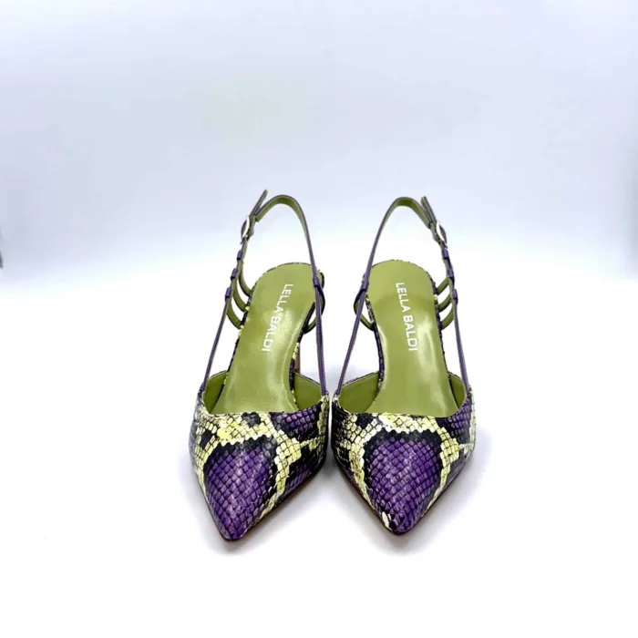 Slingback Lella Baldi in Vernice viola e nappa effetto pitone, Tacco 8 cm art. LT507, foto 3 di 6