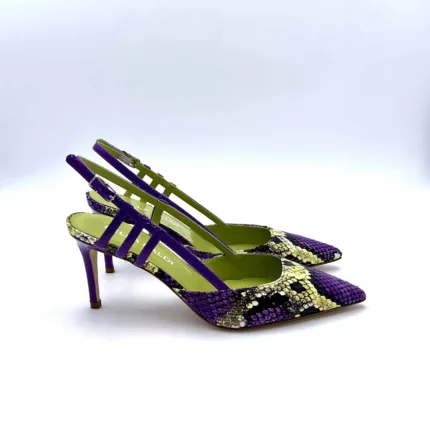 Slingback Lella Baldi in Vernice viola e nappa effetto pitone, Tacco 8 cm art. LT507