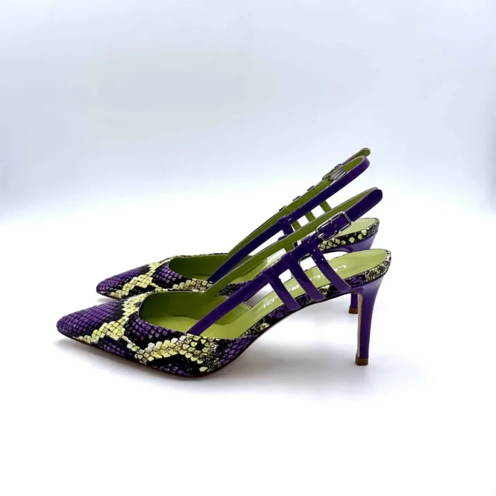 Slingback Lella Baldi in Vernice viola e nappa effetto pitone, Tacco 8 cm art. LT507, foto 5 di 6