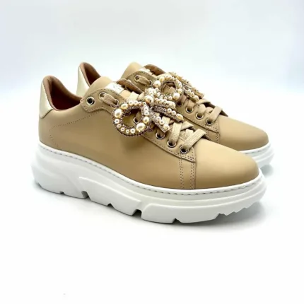 Sneakers Stokton  in pelle di Vitello Beige con accessorio amovibile Fiocco art. 865-D