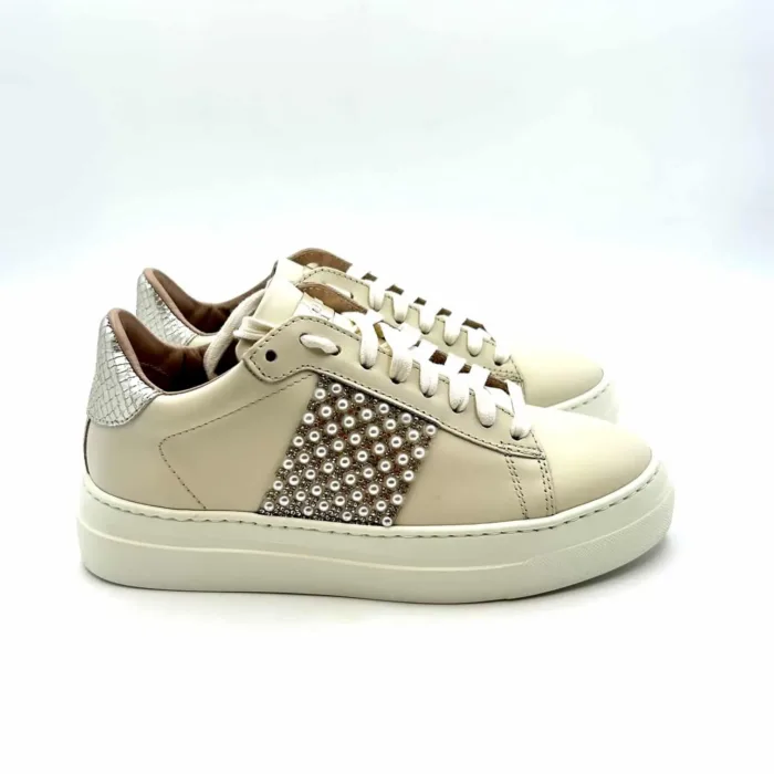 Sneakers Stokton in Vitello Burro con Fascia Perle Laterale e altezza 3 cm art. 827-D, foto 1 di 5
