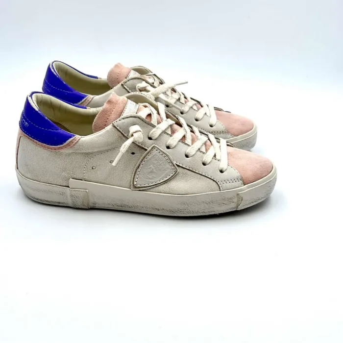 Sneakers Donna Philippe Model Paris Prsx in pelle bianca con linguetta in camoscio Rosa e Spoiler Viola art. PRLD WX17, foto 1 di 4