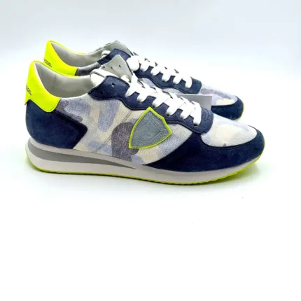 Sneakers Uomo Philippe Model Tropez  Trpx in Tela e Camoscio Camouflage bluette con Spoiler Giallo Fluo art. TZLU CN20