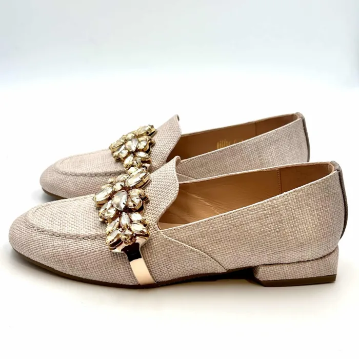 Mocassino Lorenzo Mari In Rafia Nude, Accessorio Gioiello Tacco 3 cm art. Viola 03, foto 3 di 5