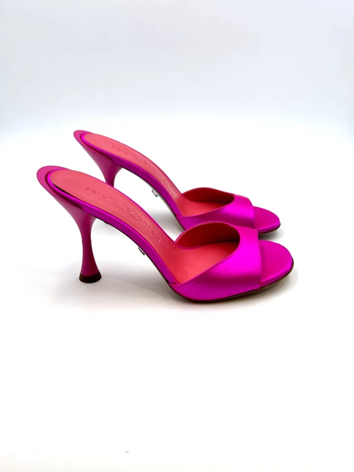 Sandalo Sergio Levantesi in Raso Fucsia con Lacci Amovibili alla caviglia e tacco rocchetto 10cm Art. Samanta, foto 2 di 6