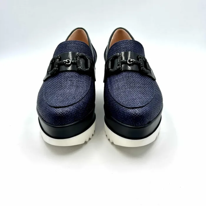 Mocassino con zeppa in rafia Lorenzo Mari color Blu, accessorio gioiello e zeppa 6cm art. PATTY 02, foto 2 di 5