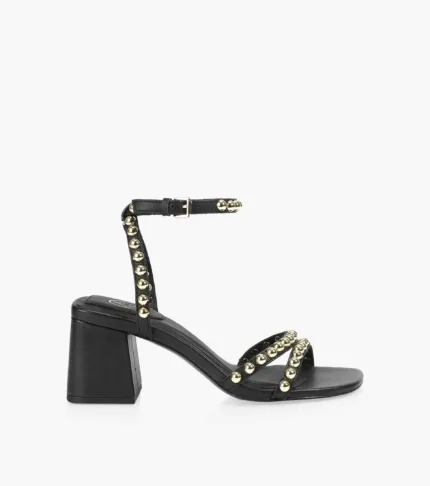 Sandalo ASH in Nappa Nera, Borchie Oro e tacco 7 cm art. Ash Rachel