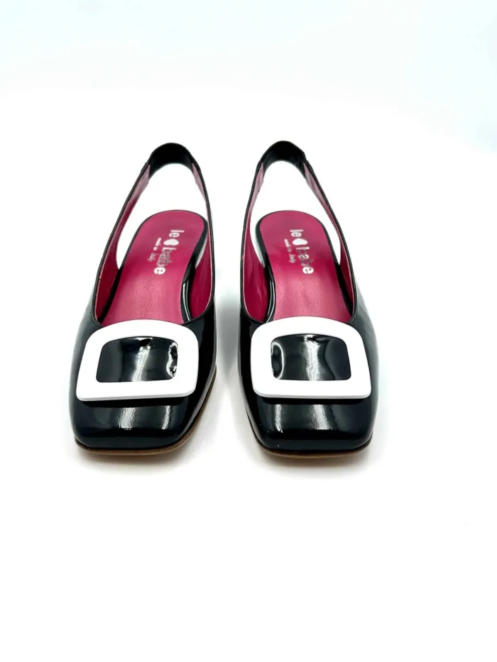 Slingback Le Babe in Vernice Nera con Tacco e Dettagli a Contrasto BIanchi 4cm art 1423, foto 2 di 5