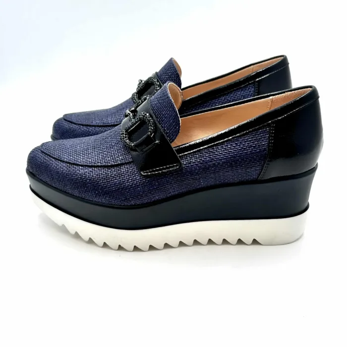 Mocassino con zeppa in rafia Lorenzo Mari color Blu, accessorio gioiello e zeppa 6cm art. PATTY 02, foto 3 di 5