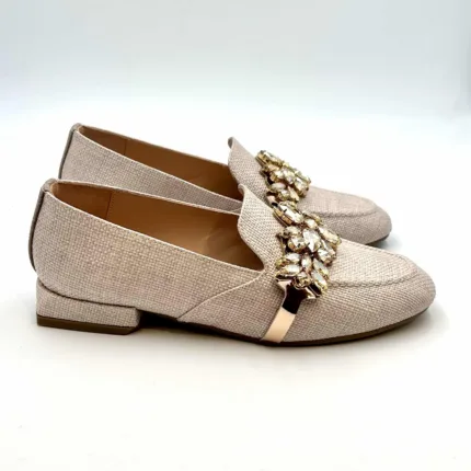 Mocassino Lorenzo Mari In Rafia Nude, Accessorio Gioiello Tacco 3 cm art. Viola 03