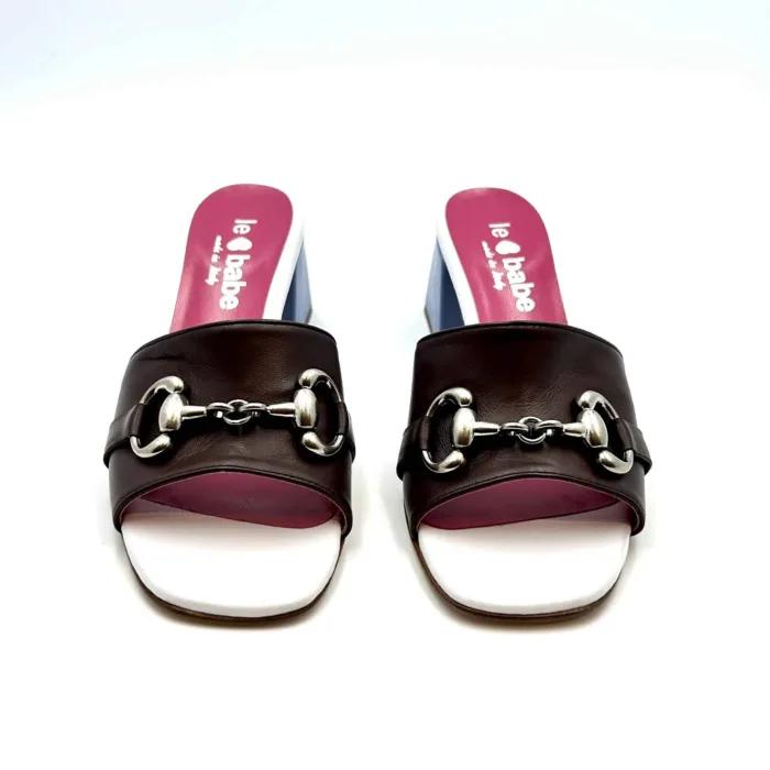 Sabot Mules Le Babe in pelle Testa di Moro,tacco azzurro h. 6 cm  art. 4541, foto 2 di 5