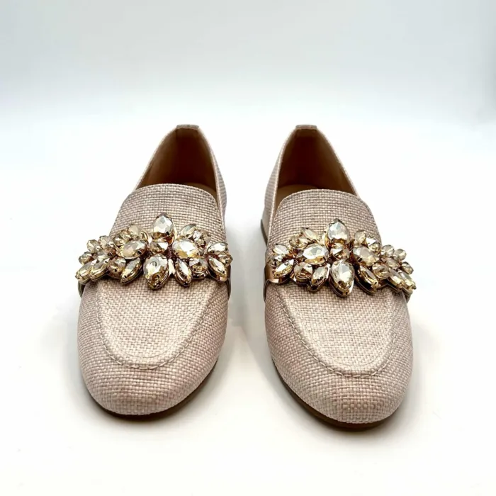 Mocassino Lorenzo Mari In Rafia Nude, Accessorio Gioiello Tacco 3 cm art. Viola 03, foto 2 di 5