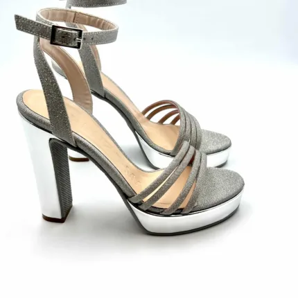Sandalo Lorenzo Mari in nappa Glitter Argento, con cinturino alla caviglia e tacco 12cm Plateau 2,5 cm art. IUVENTAS 01