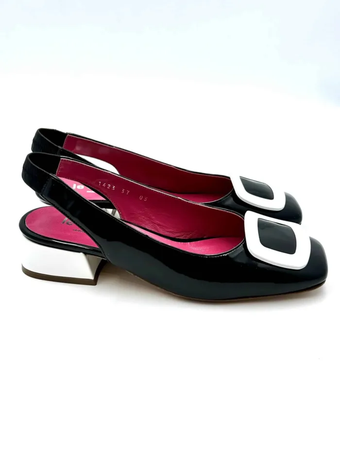 Slingback Le Babe in Vernice Nera con Tacco e Dettagli a Contrasto BIanchi 4cm art 1423, foto 1 di 5