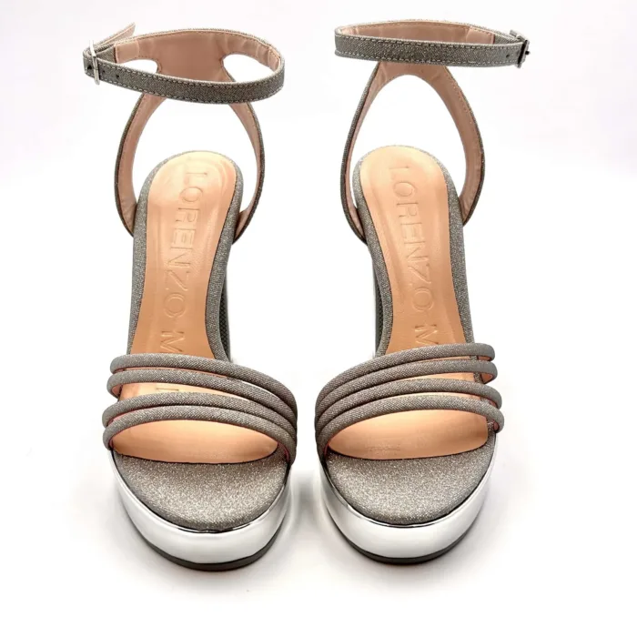 Sandalo Lorenzo Mari in nappa Glitter Argento, con cinturino alla caviglia e tacco 12cm Plateau 2,5 cm art. IUVENTAS 01, foto 2 di 5