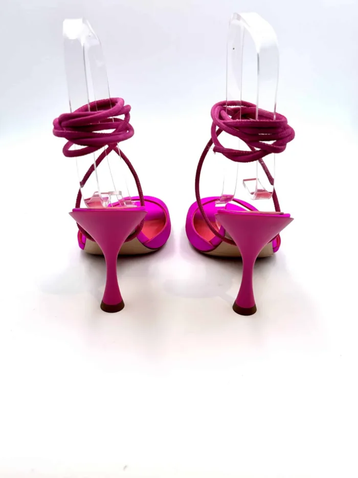 Sandalo Sergio Levantesi in Raso Fucsia con Lacci Amovibili alla caviglia e tacco rocchetto 10cm Art. Samanta, foto 4 di 6