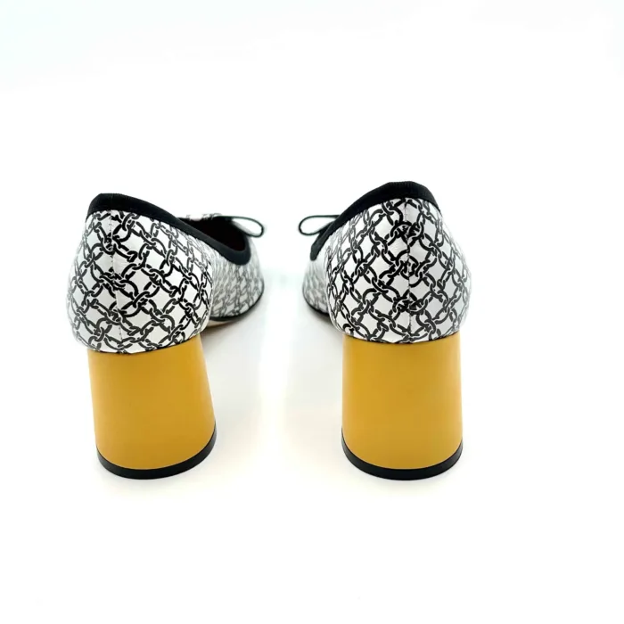 Decolletè Le Babe in Pelle Stampata Chain Bianca Nera e Tacco Grosso Giallo 7cm art 3530, foto 4 di 5