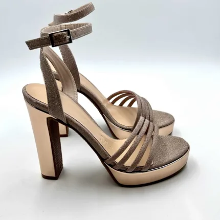 Sandalo Lorenzo Mari In pelle Glitter Cipria, con cinturino alla caviglia e tacco 12cm Plateau 2,5 cm art. Iuventas 01