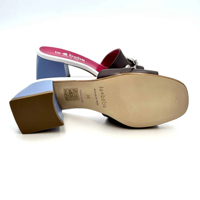 Sabot Mules Le Babe in pelle Testa di Moro,tacco azzurro h. 6 cm  art. 4541, foto 5 di 5