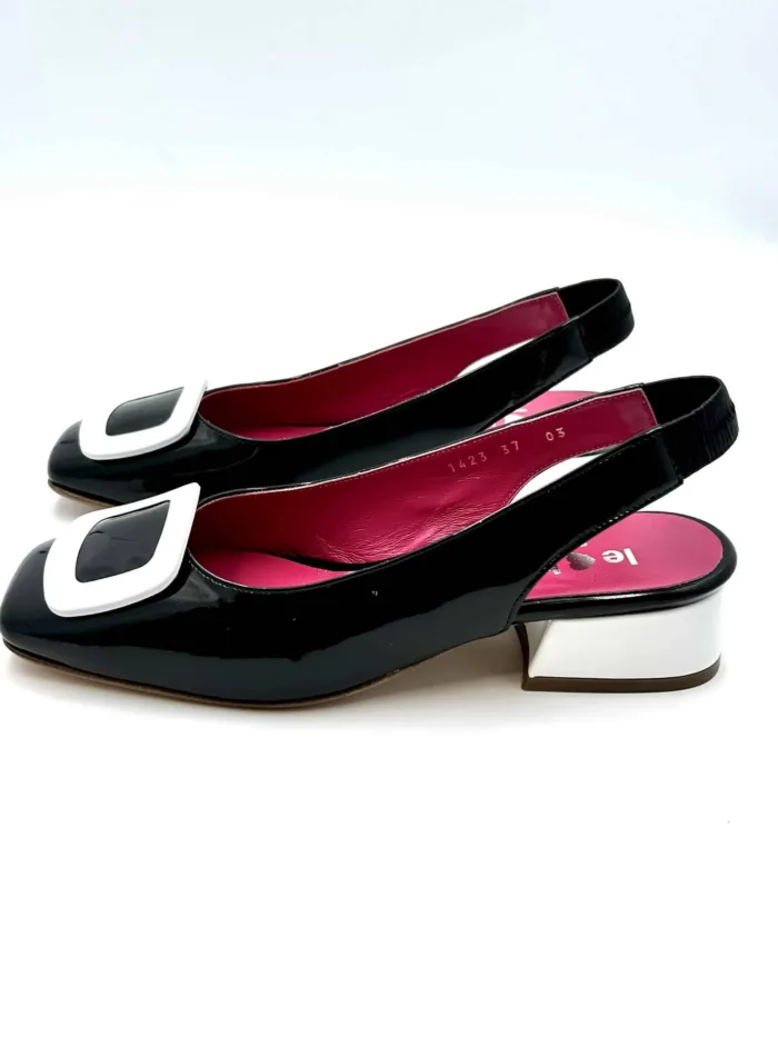 Slingback Le Babe in Vernice Nera con Tacco e Dettagli a Contrasto BIanchi 4cm art 1423, foto 3 di 5