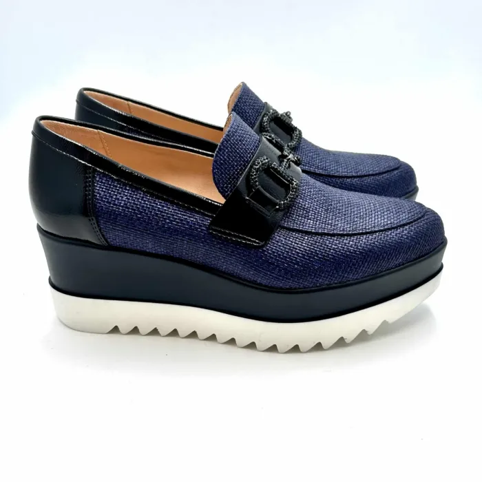 Mocassino con zeppa in rafia Lorenzo Mari color Blu, accessorio gioiello e zeppa 6cm art. PATTY 02, foto 1 di 5