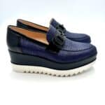 Mocassino con zeppa in rafia Lorenzo Mari color Blu, accessorio gioiello e zeppa 6cm art. PATTY 02