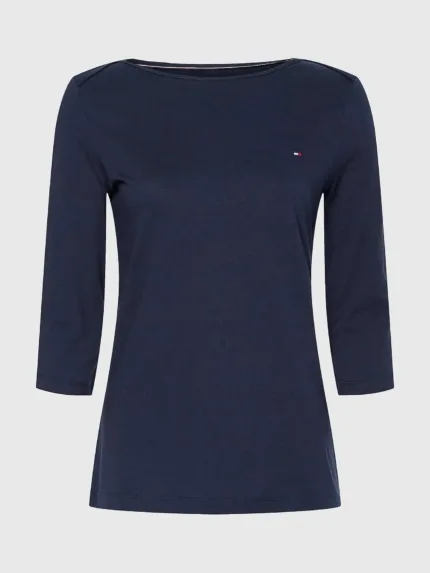 T-shirt Donna Tommy Hilfiger Blu slim fit con Scollatura a Barca e Manica a Tre Quarti cod. WW0WW31669 DW5