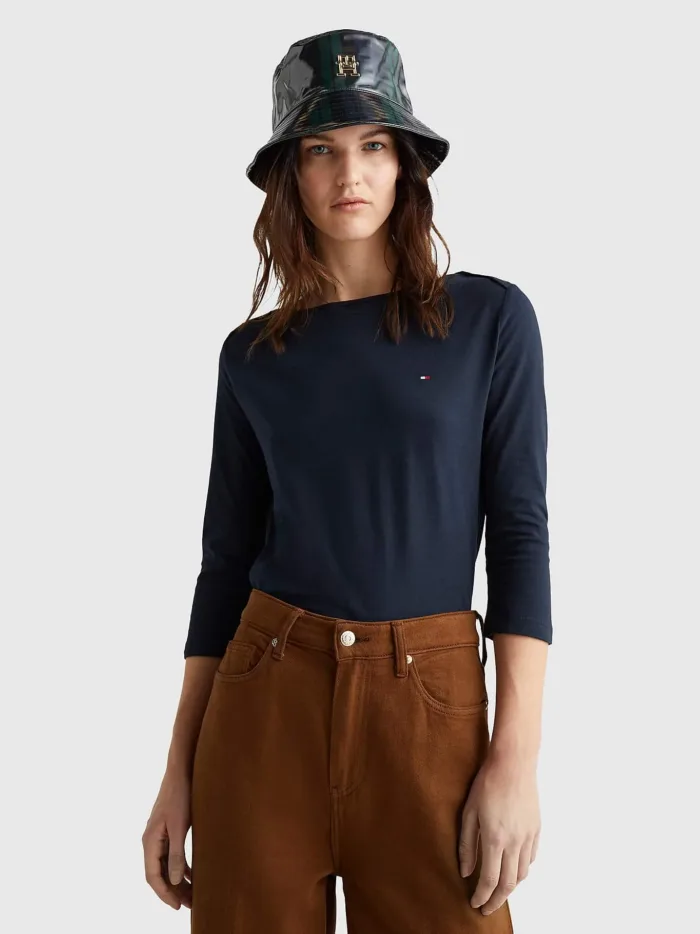 T-shirt Donna Tommy Hilfiger Blu slim fit con Scollatura a Barca e Manica a Tre Quarti cod. WW0WW31669 DW5, foto 2 di 2