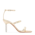 Sandalo Sophia Webster in Raso Champagne, con cinturino alla caviglia e tacco 8,5 cm Gioiello art. Rosalind Crystal Mid Sandal
