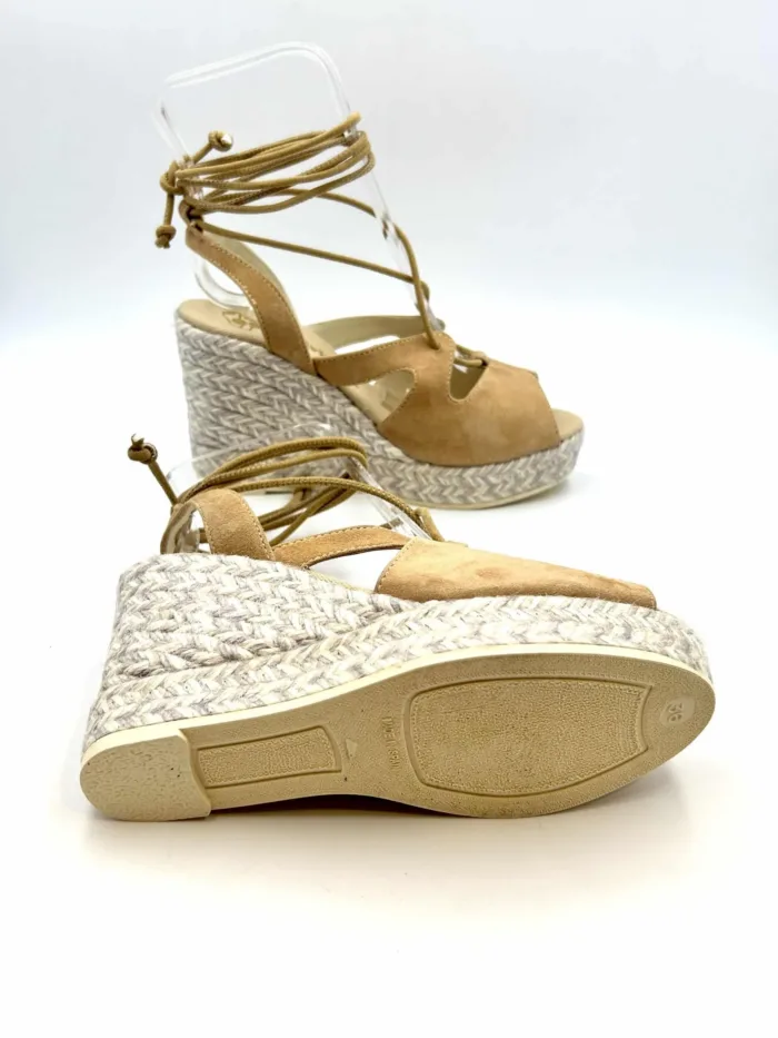 Zeppe Espadrilles in camoscio Cammello con Lacci alla caviglia, zeppa 10 cm e plateau 3 cm mod. Allen Ante, foto 5 di 5