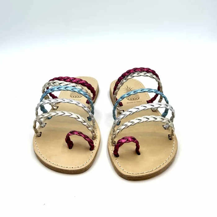 Sandali Artigianali Made in Italy interamente in cuoio con fasciette multicolor art. Treccia Multi cod. 187, foto 2 di 5