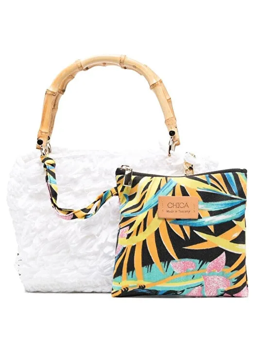 Borsa a mano Chica In Vimini Intrecciato Bianco con Frange e pochette interna Fantasia Floreale Art Diamante, foto 1 di 4