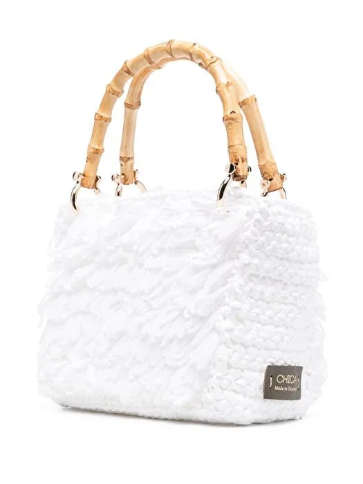 Borsa a mano Chica In Vimini Intrecciato Bianco con Frange e pochette interna Fantasia Floreale Art Diamante, foto 2 di 4