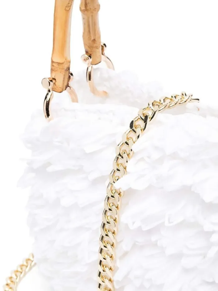 Borsa a mano Chica In Vimini Intrecciato Bianco con Frange e pochette interna Fantasia Floreale Art Diamante, foto 3 di 4
