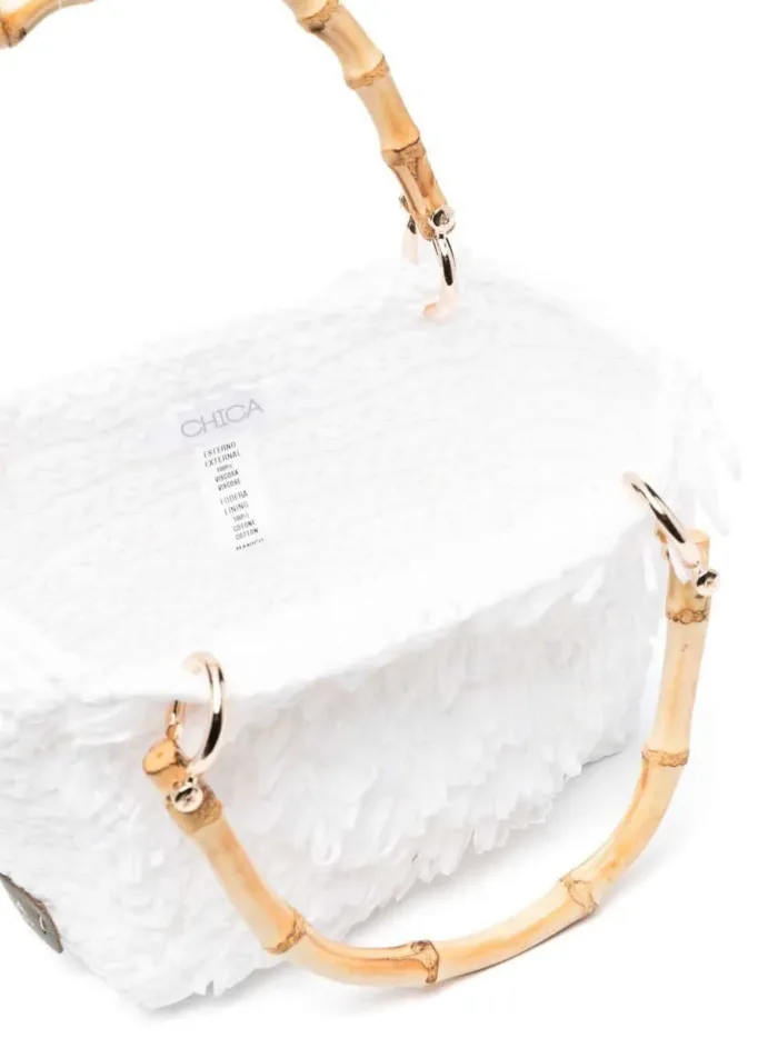 Borsa a mano Chica In Vimini Intrecciato Bianco con Frange e pochette interna Fantasia Floreale Art Diamante, foto 4 di 4