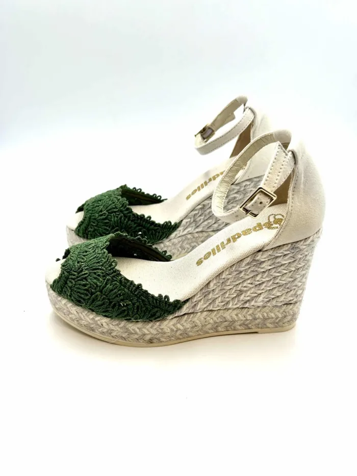 Zeppe Espadrilles Open Toe Macramè Verde con cinturino alla caviglia, zeppa 10 cm e plateau 3 cm mod. Anda Macramè Art 11559034, foto 3 di 5