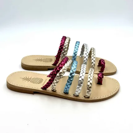 Sandali Artigianali Made in Italy interamente in cuoio con fasciette multicolor art. Treccia Multi cod. 187