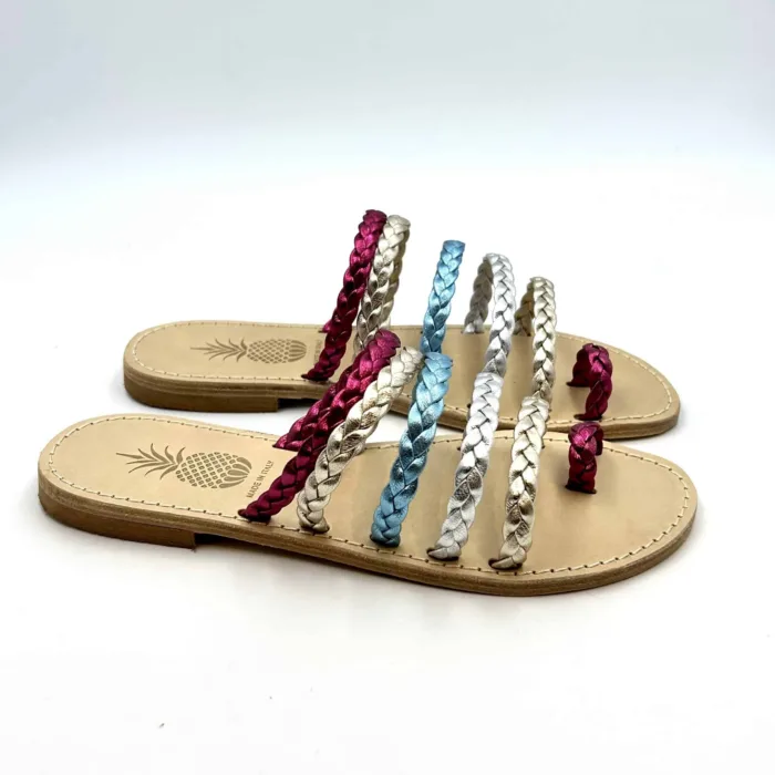 Sandali Artigianali Made in Italy interamente in cuoio con fasciette multicolor art. Treccia Multi cod. 187, foto 1 di 5