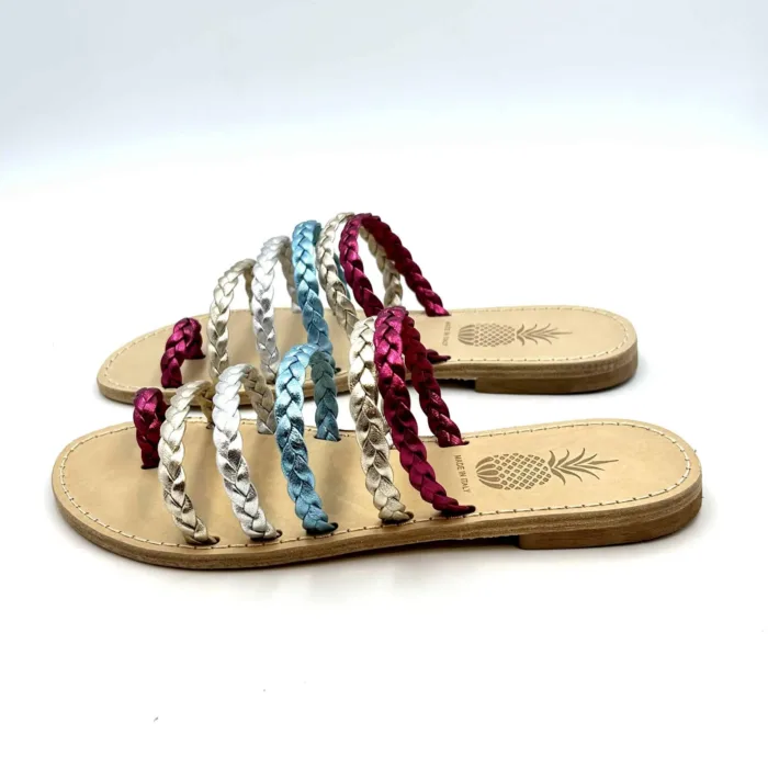 Sandali Artigianali Made in Italy interamente in cuoio con fasciette multicolor art. Treccia Multi cod. 187, foto 3 di 5