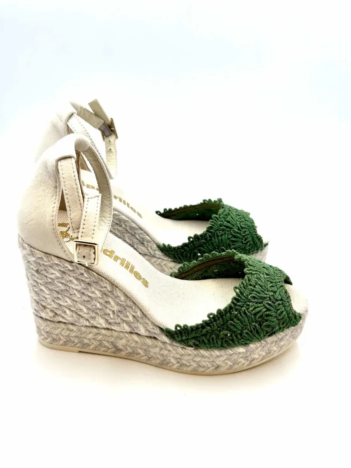 Zeppe Espadrilles Open Toe Macramè Verde con cinturino alla caviglia, zeppa 10 cm e plateau 3 cm mod. Anda Macramè Art 11559034, foto 1 di 5
