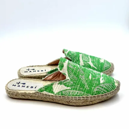Espadrilles Soft Suede Mules Manebi in Cotone Crochet Fantasia Verde Palme