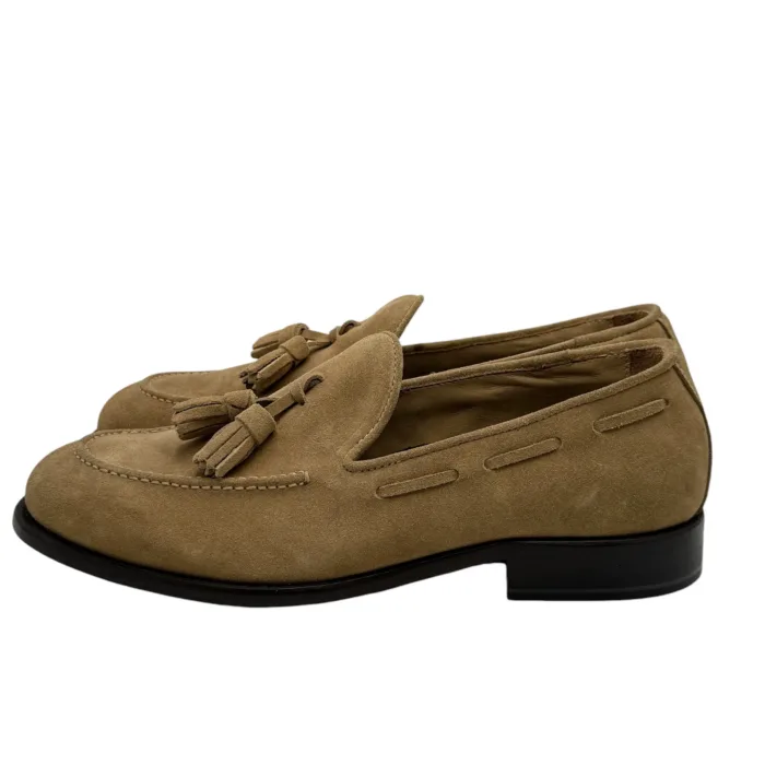 Mocassino Crisci Con Nappine in Camoscio Beige con fondo Cuoio Antiscivolo art 3764, foto 3 di 4