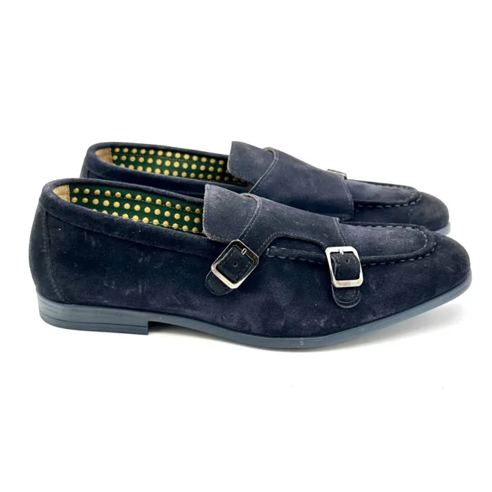 Mocassino Doucal's con doppia fibbia in camoscio blu, fondo in lattice art. 3161, foto 1 di 5