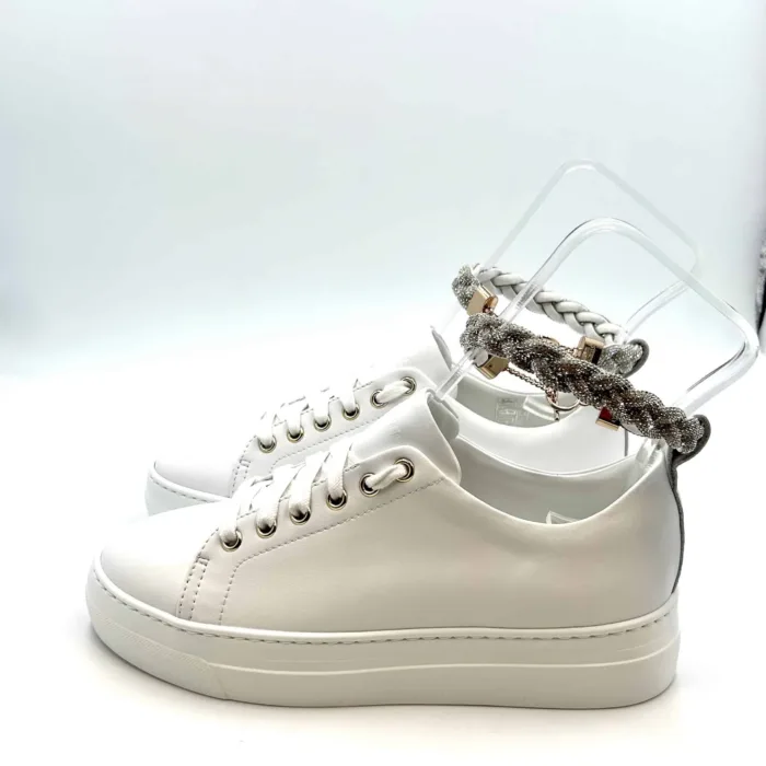 Sneakers Stokton in pelle Bianca con braccialetto gioiello Argento amovibile  963-d  H. 4cm, foto 3 di 5