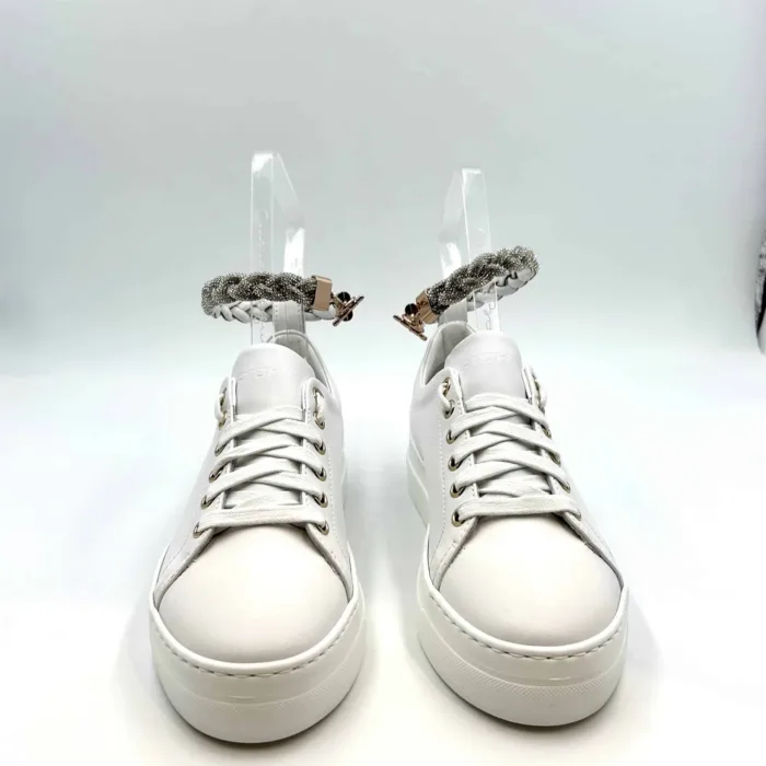 Sneakers Stokton in pelle Bianca con braccialetto gioiello Argento amovibile  963-d  H. 4cm, foto 2 di 5